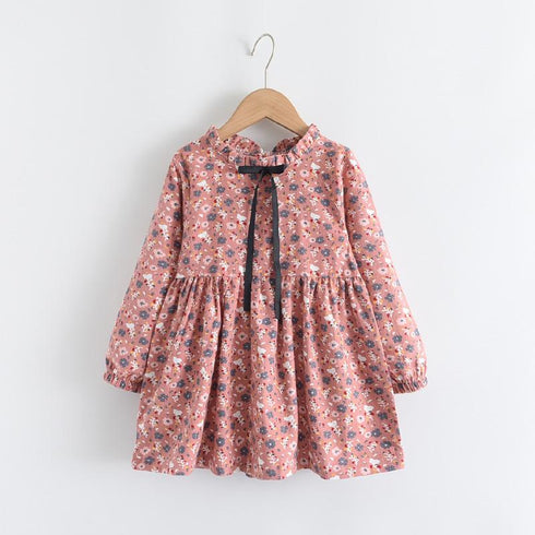 Girl's Spring And Autumn Floral Lace-Up Dress